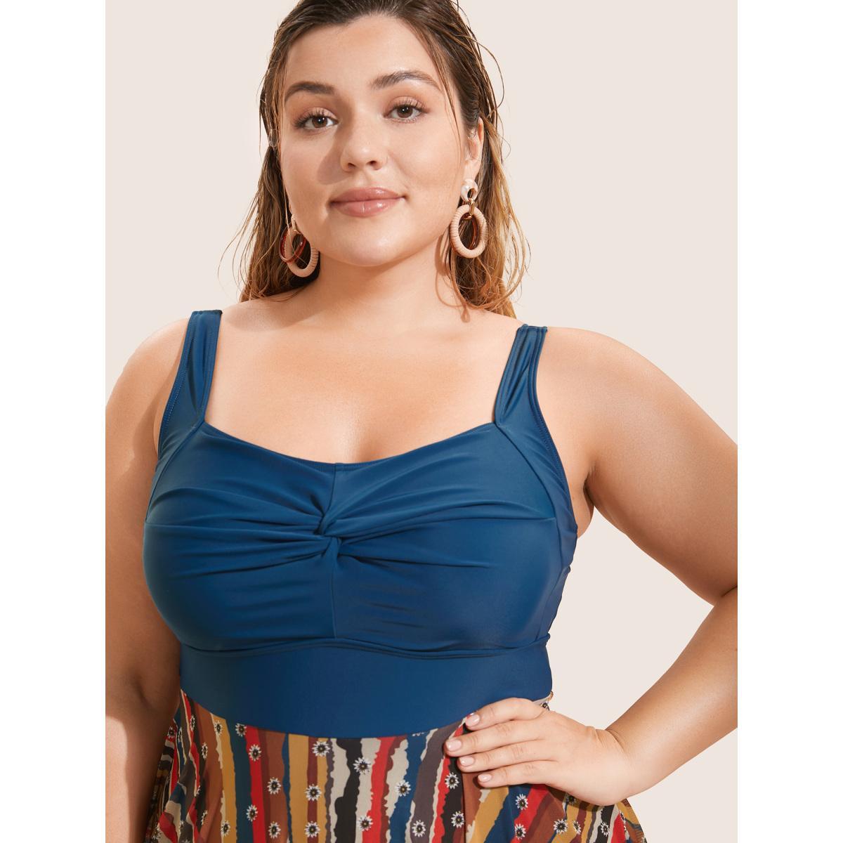 Plus Size Colored Striped Twist Front Patchwork Swim Dress Women's Swimwear Aegean Beach Bodycon Heart neckline High stretch Curve Swim Dresses BloomChic 22-24/3X Product Image