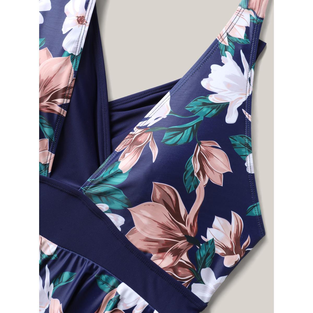 Plus Size Floral Print Color Block Swim Dress Women's Swimwear Midnight Beach Bodycon Overlap Collar High stretch Curve Swim Dresses BloomChic 28/5X Product Image