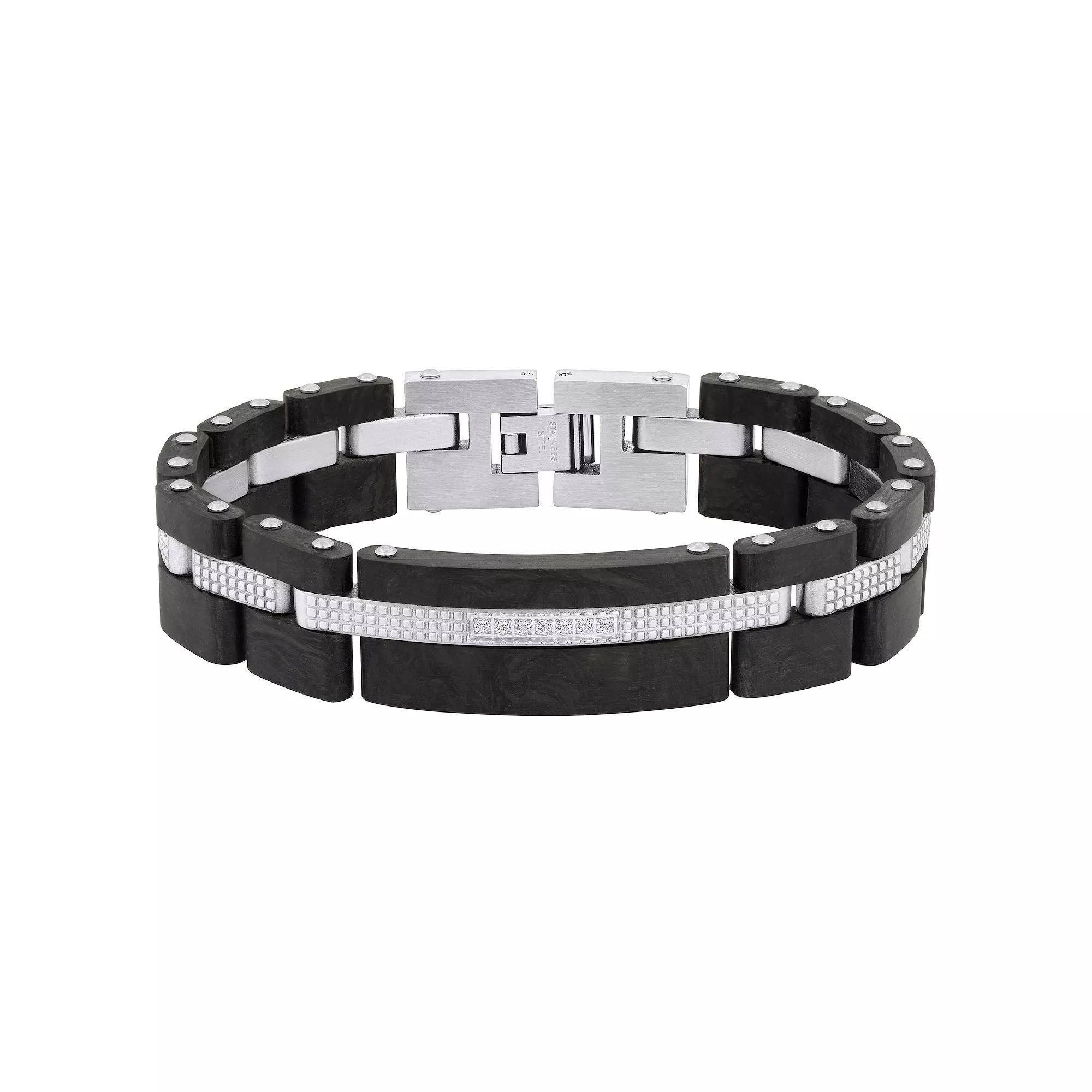 Men's Two-Tone Stainless Steel & Carbon Fiber Cubic Zirconia Bracelet, Size: 8.5", Two Tone Product Image
