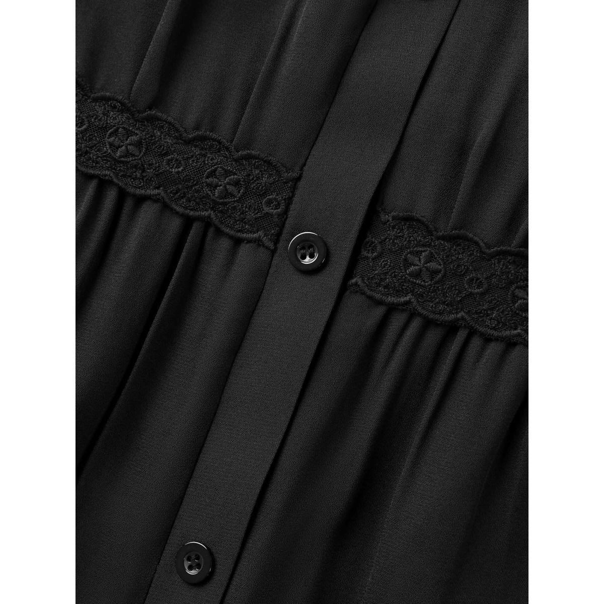 Plus Size Lace Trim Button Placket Midi Dress Black Women Flat collar with V-notch Short sleeve Curvy BloomChic 26/4X Product Image