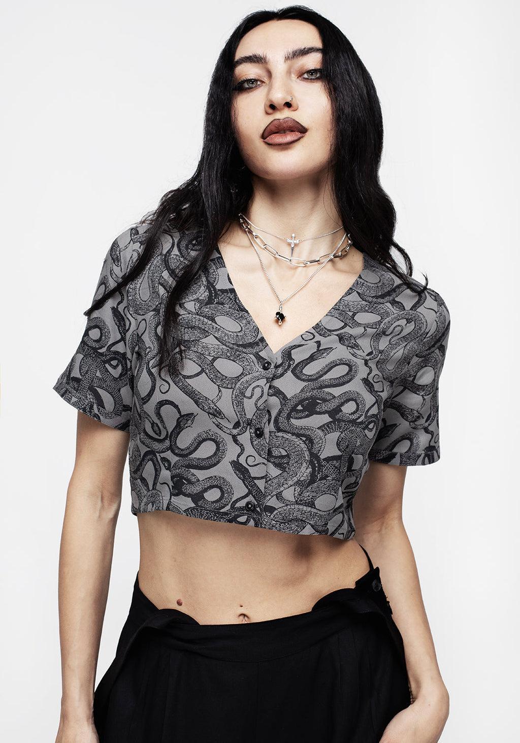 Ophidia Snakes Print Button Down Crop Top - Grey Product Image