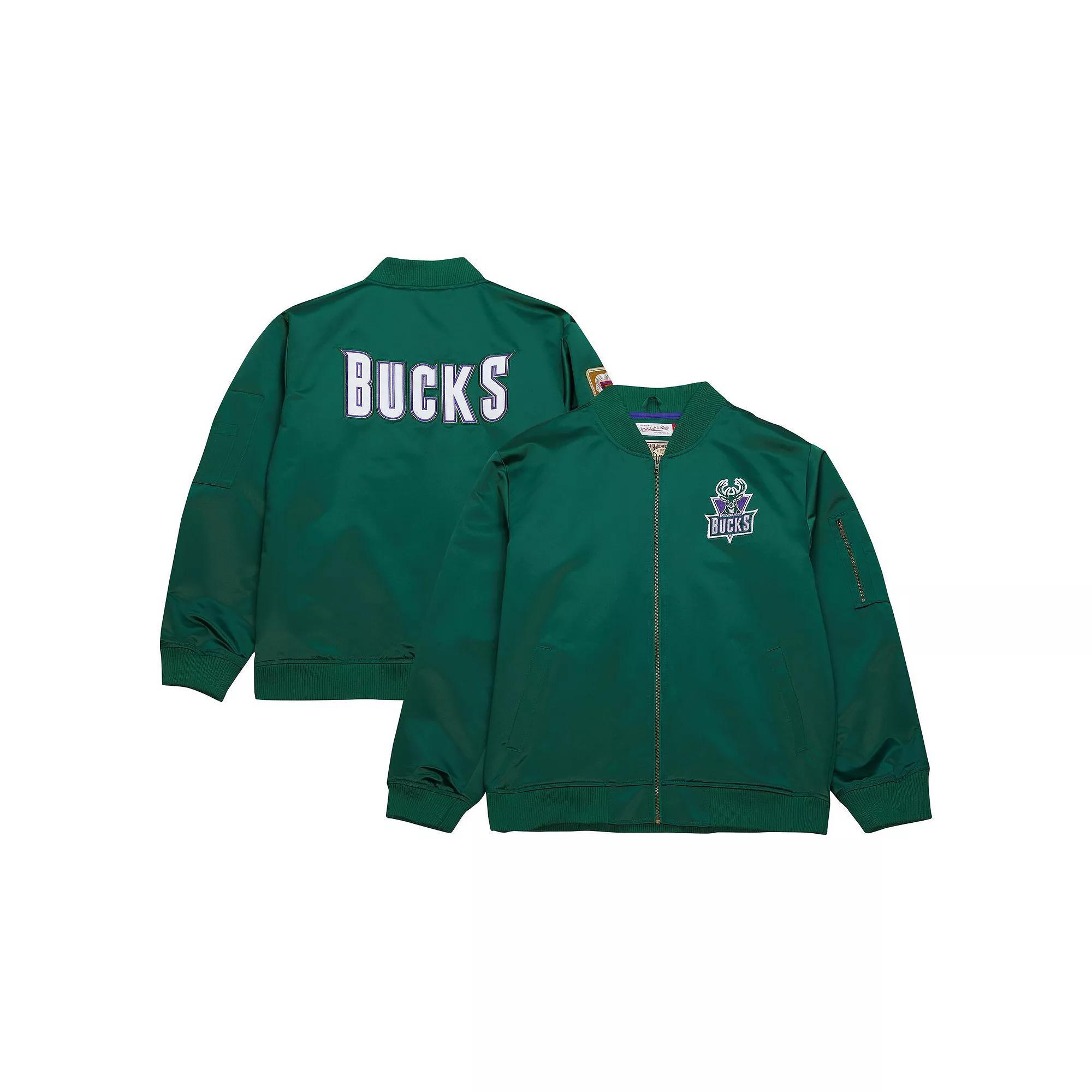 Men's Mitchell & Ness Green Milwaukee Bucks Hardwood Classics Vintage Logo Full-Zip Bomber Jacket, Size: XL Product Image