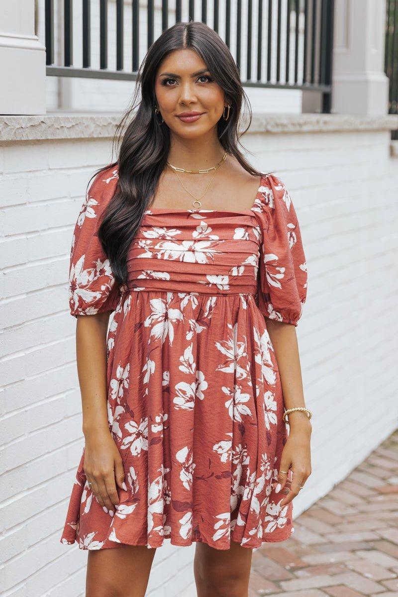Terracotta Floral Print Pleated Mini Dress - FINAL SALE Product Image