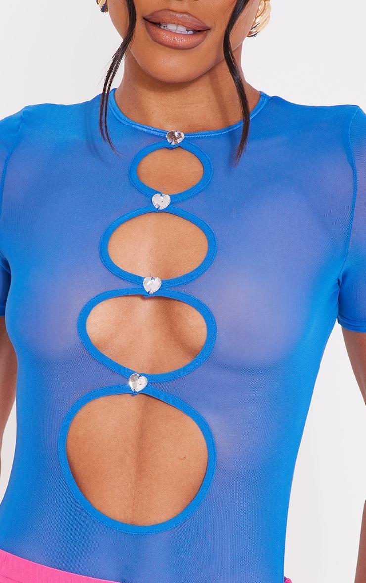 Blue Mesh Cut Out Diamante Bodysuit Product Image