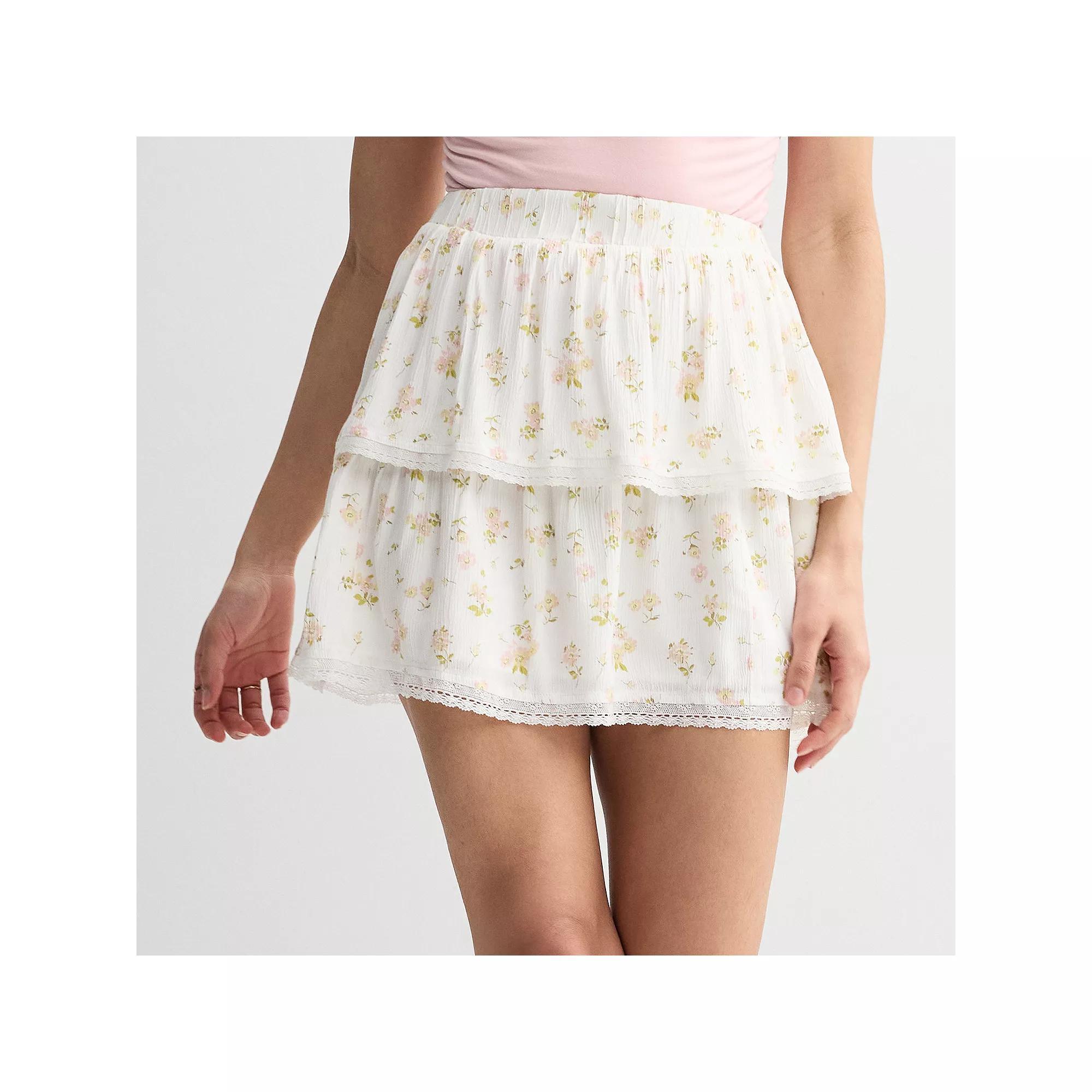 Juniors' SO® Tiered Mini Skirt, Women's, Size: Medium, Creamy Pink Floral Product Image