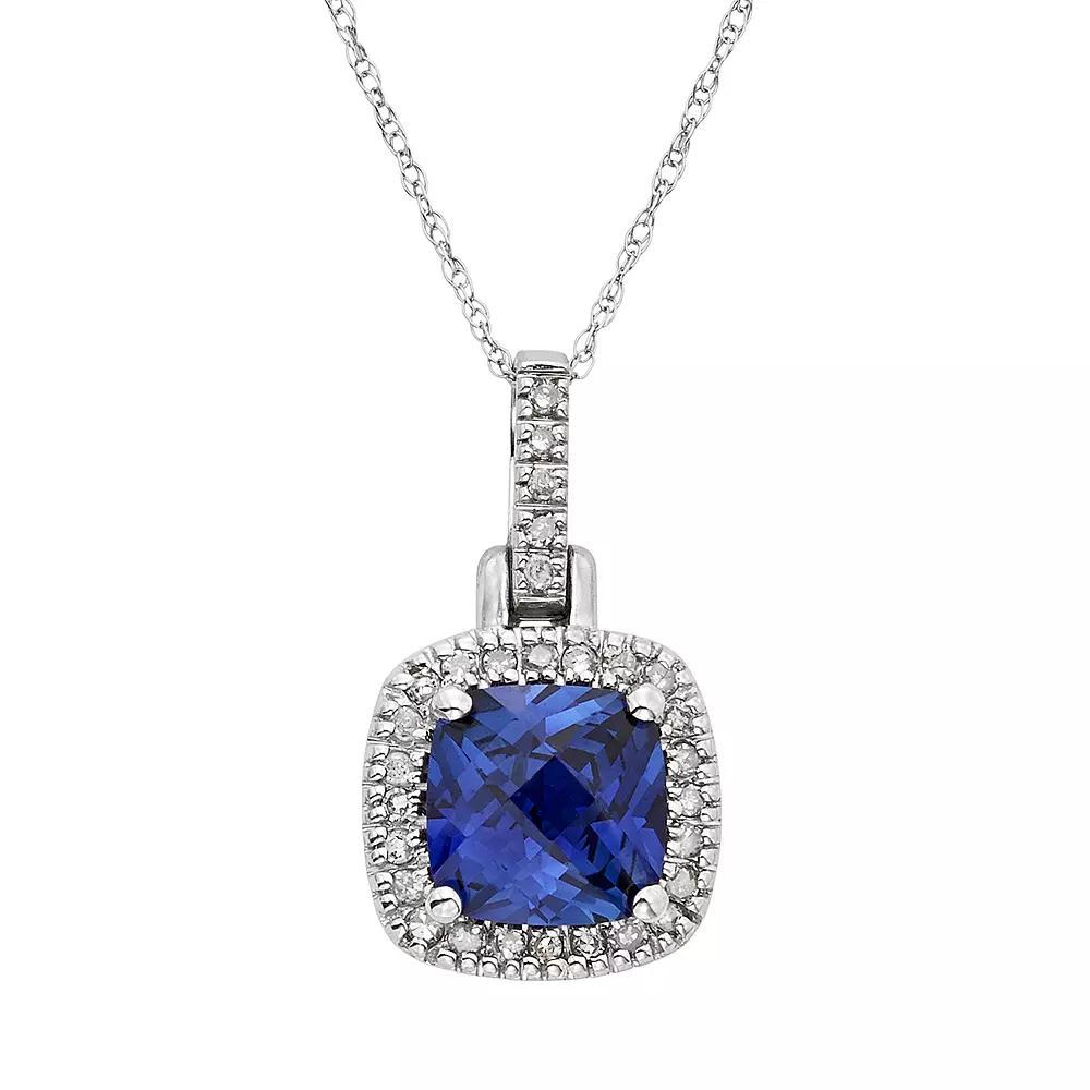 Lab-Created Sapphire & 1/8 Carat T.W. Diamond 10k White Gold Halo Pendant Necklace, Womens Blue Product Image