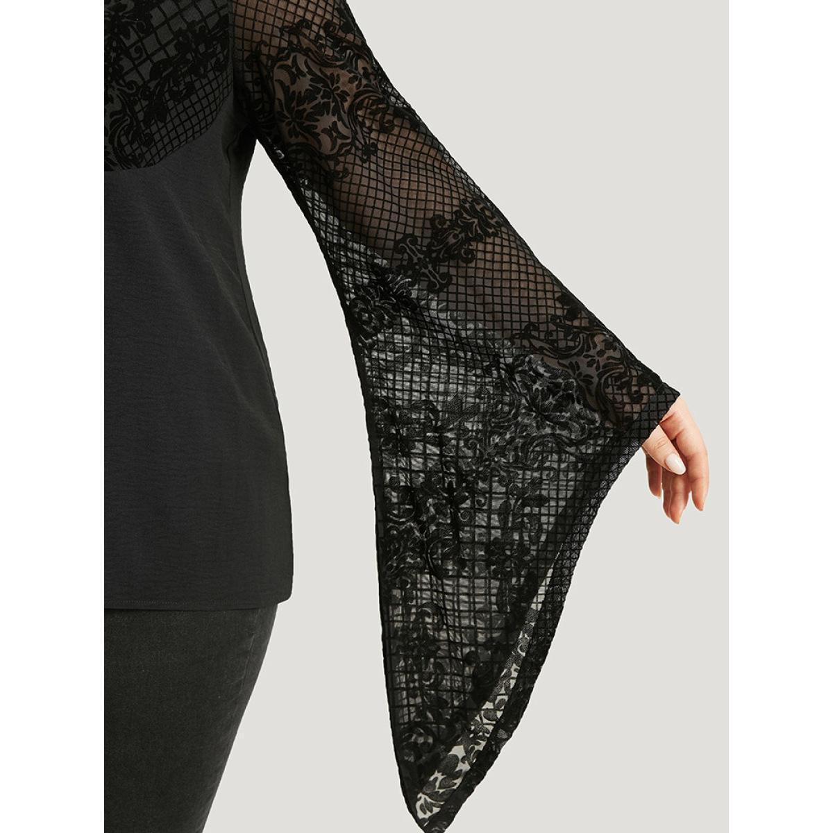 Plus Size Black Halloween Floral Eyelet Lace Mesh Bell Sleeve Blouse Women Elegant Long Sleeve Square Neck Festival-Halloween Blouses BloomChic 28/5X Product Image
