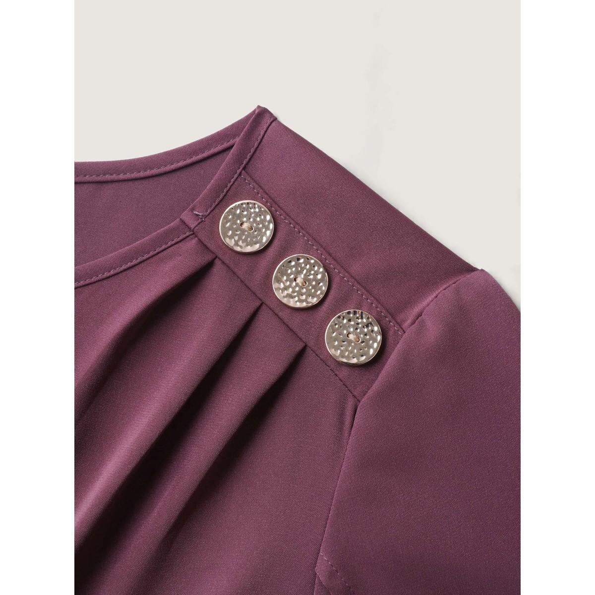 Plus Size Plum Petal Sleeve Shoulder Button Solid Blouse Women Short sleeve Round Neck Work Blouses BloomChic 18-20/2X Product Image