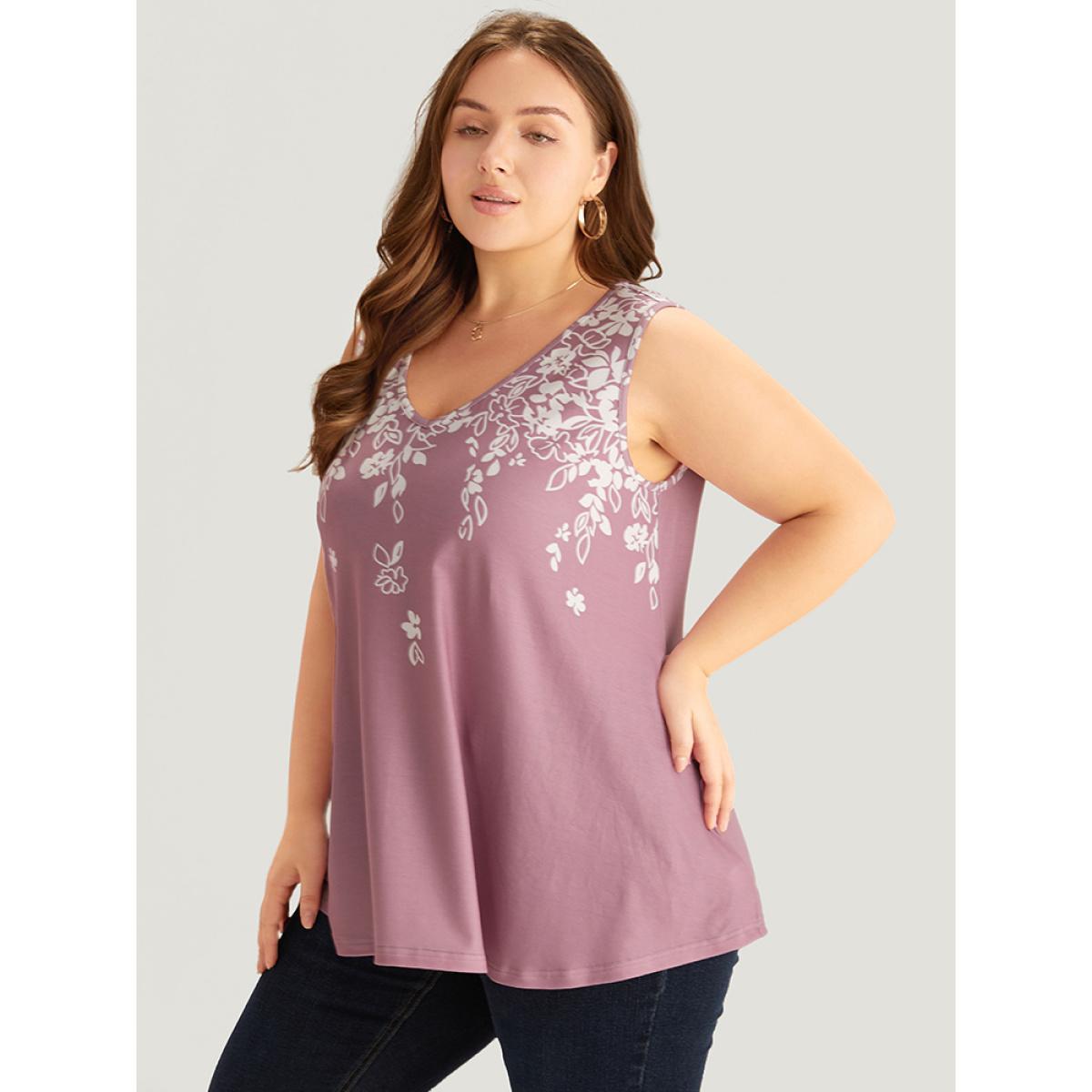 Plus Size Silhouette Floral Print V Neck Tank Top Women Pink Elegant Printed V-neck Dailywear Tank Tops Camis BloomChic 12/L Product Image