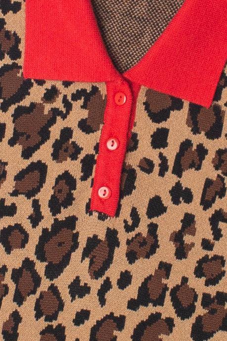 Red Trim Leopard Print Knit Polo Product Image