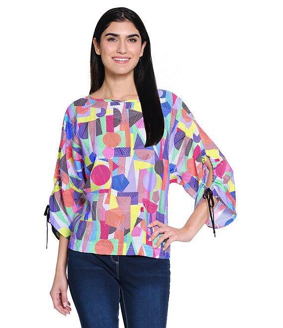 Ali Miles Abstract Print Round Neck 3/4 Dolman Cinch Tie Sleeve Tunic Product Image