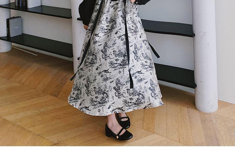 Long-Sleeve Square Neck Mock Two-Piece Print Ruffle Trim Midi A-Line Dress Product Image