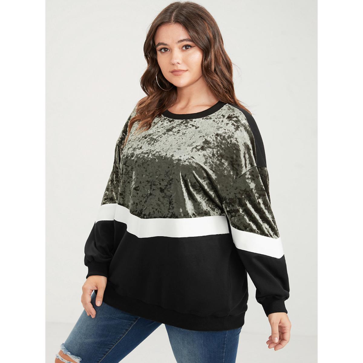 Plus Size Colorblock Contrast Velvet Patchwork Drop Shoulder Sweatshirt Women ArmyGreen Casual Patchwork Round Neck Dailywear Sweatshirts BloomChic 10/M Product Image