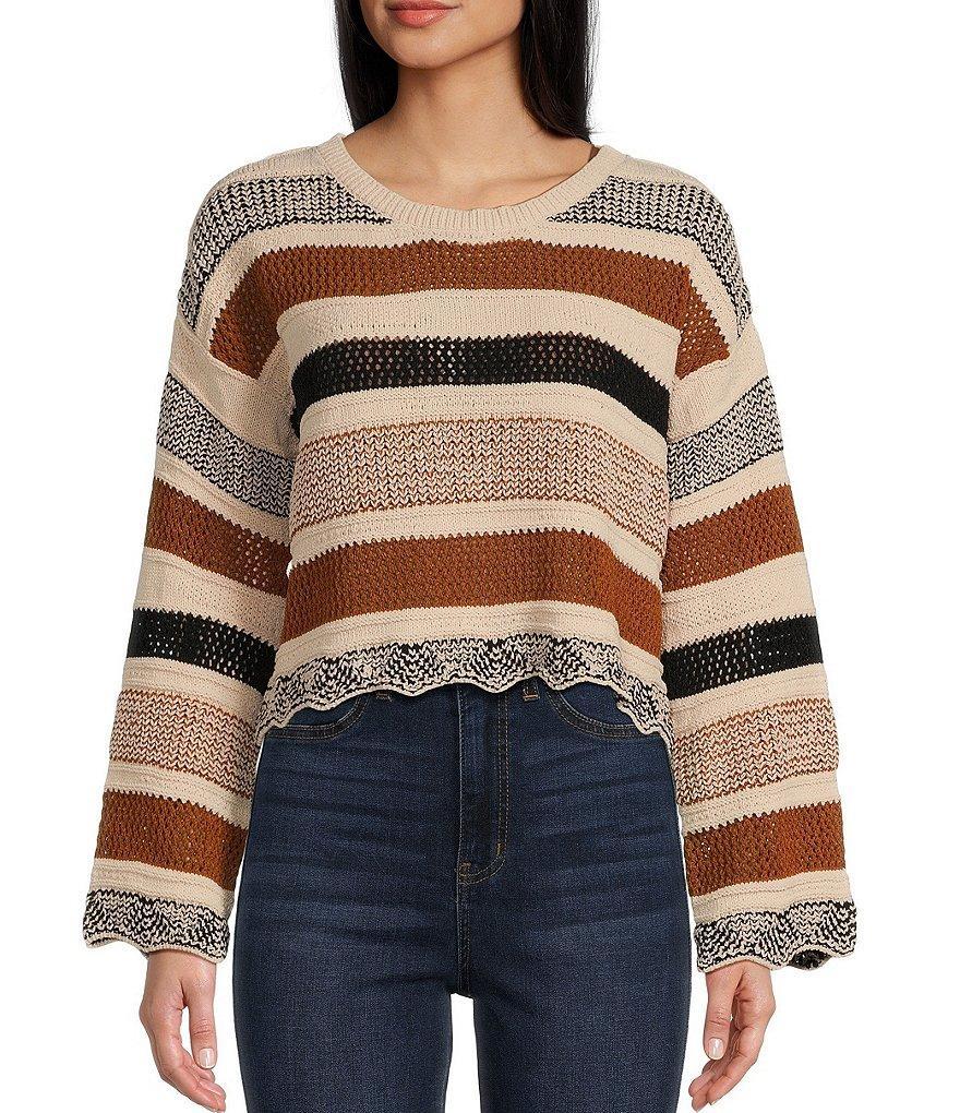 Originality Long Sleeve Stripe Crochet Scallop Edge Sweater Product Image