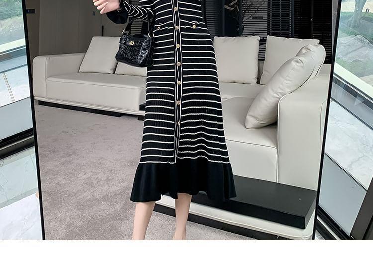 Long-Sleeve V-Neck Striped Ruffle Midi Sheath Dress Product Image