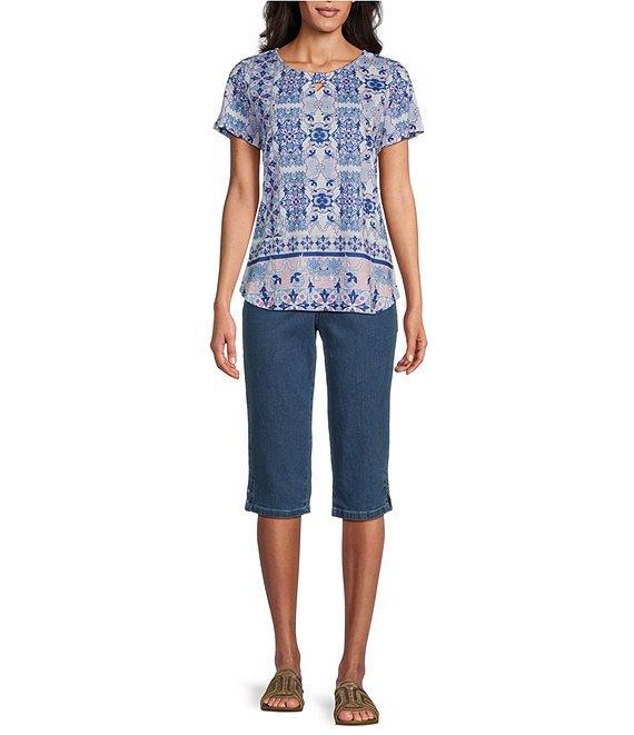 Allison Daley Pink Folk Tile Print Short Sleeve Keyhole Neck Knit Top Product Image