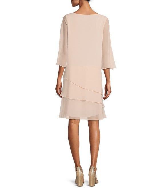 Marina Split 3/4 Sleeve Round Beaded Keyhole Neck Asymmetrical Tiered Chiffon Trapeze Dress Product Image