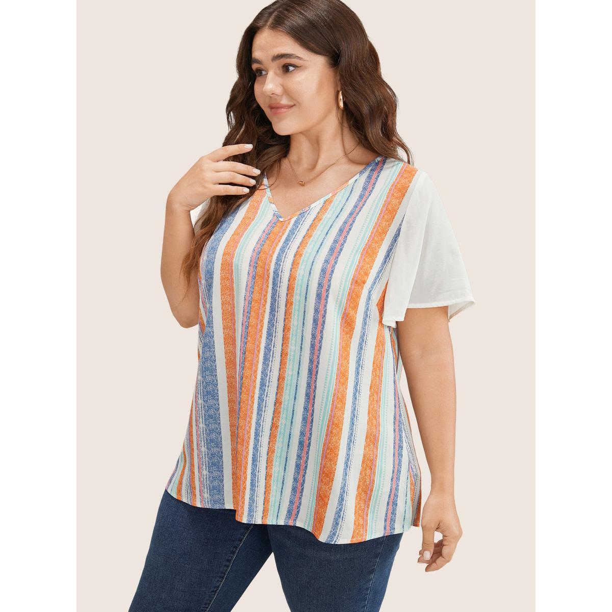 Plus Size White Striped Contrast Patchwork Ruffle Sleeve Blouse Women Resort Short sleeve V-neck Vacation Blouses BloomChic 18-20/2X Product Image