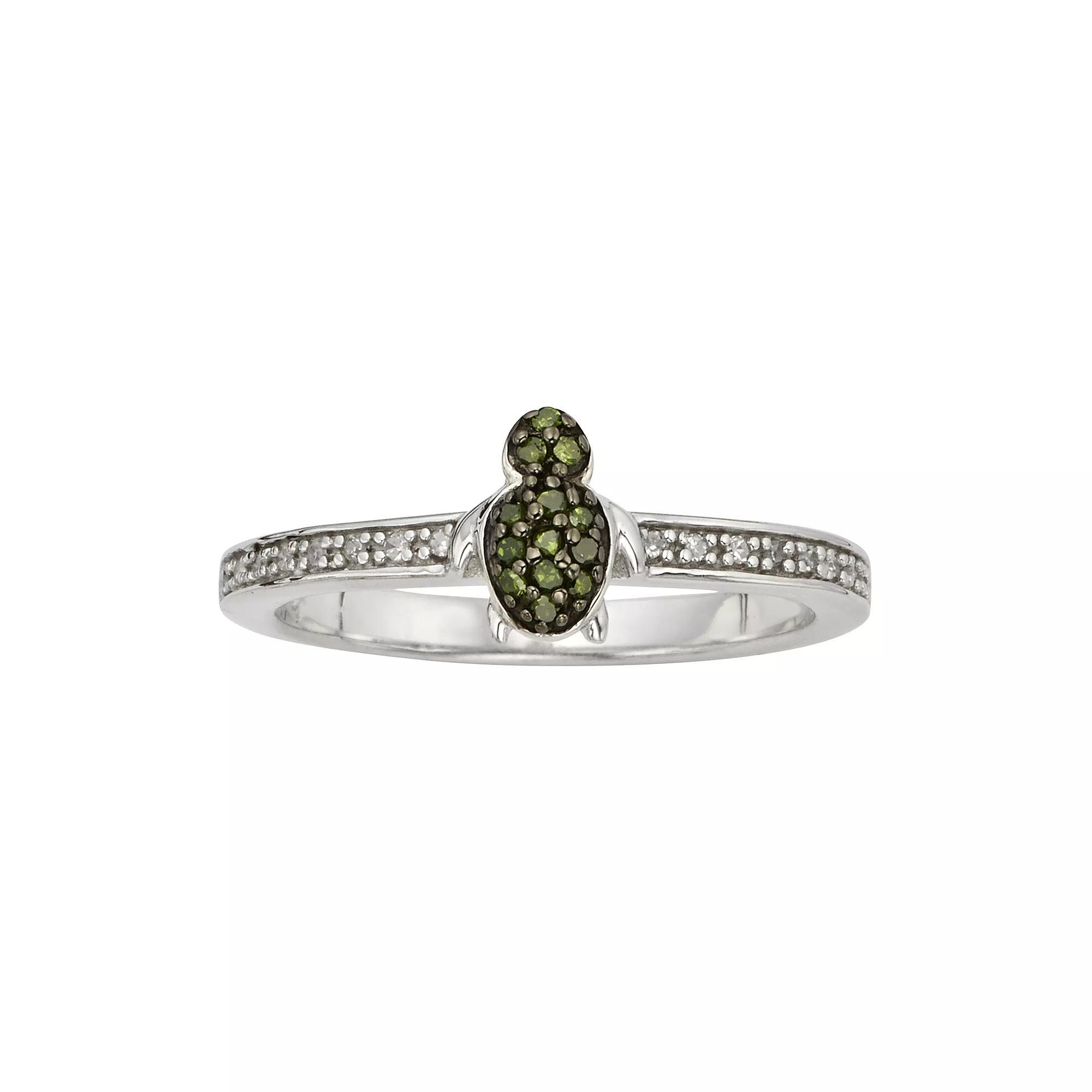 Jewelexcess Sterling Silver 1/7-ct. T.W. Green and White Diamond Turtle Ring, Women's, Size: 6 Product Image