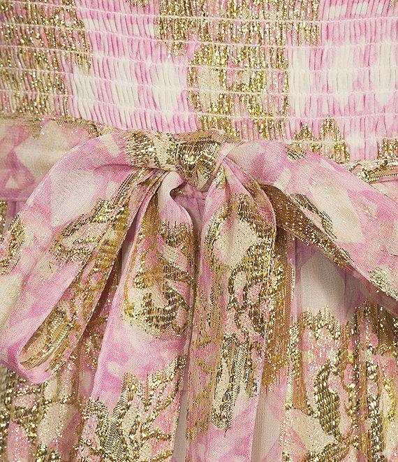 A Loves A Lurex Metallic Trellis Printed Sqaure Neck Long Balloon Sleeve Smocked Bodice A-Line Flounce Midi Dress Product Image