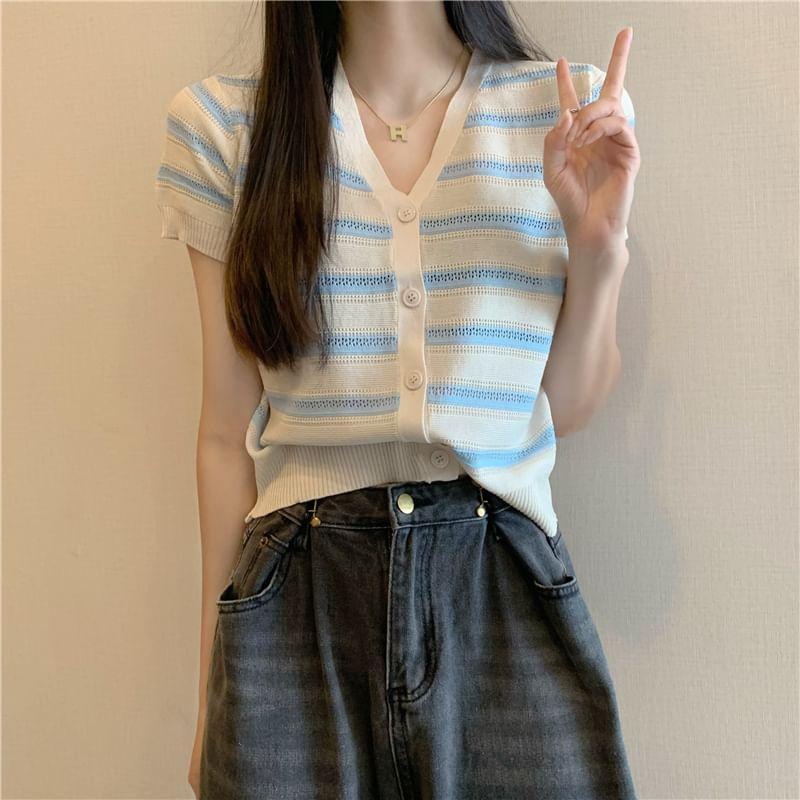 Short-Sleeve V-Neck Striped Cardigan Product Image