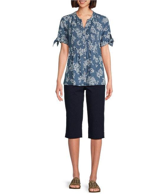 Allison Daley Blooming Flowers Print Short Tie Sleeve Y-Neck Button-Front Pintuck Blouse Product Image