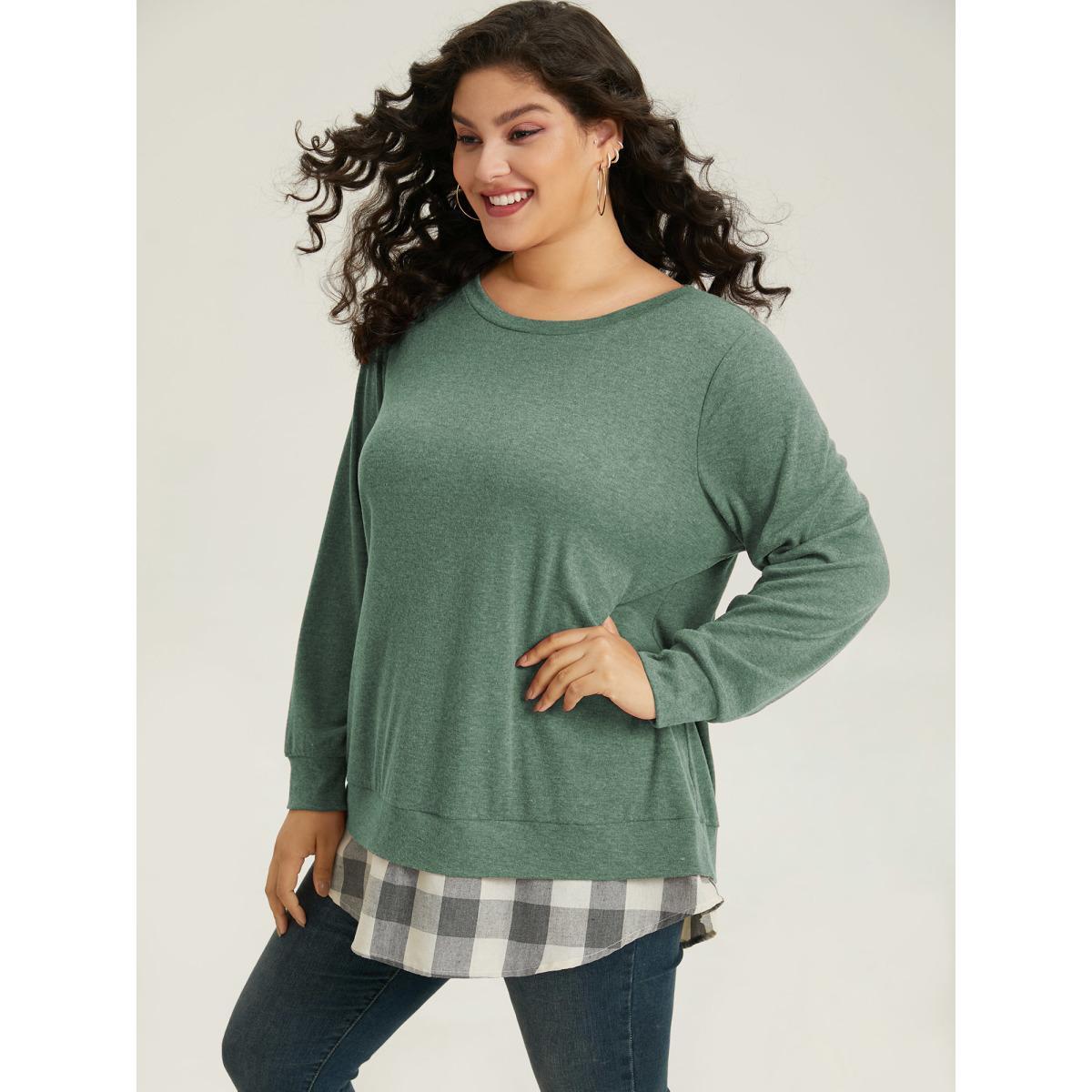 Plus Size Heather Plaid Patchwork Crew Neck T-shirt Green Women Casual Heather Plaid Round Neck Everyday T-shirts BloomChic 26/4X Product Image
