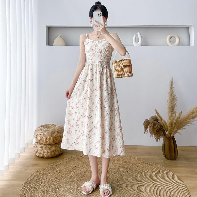 Spaghetti Strap Floral Lace-Up Midi A-Line Sundress / Plain Cardigan Product Image