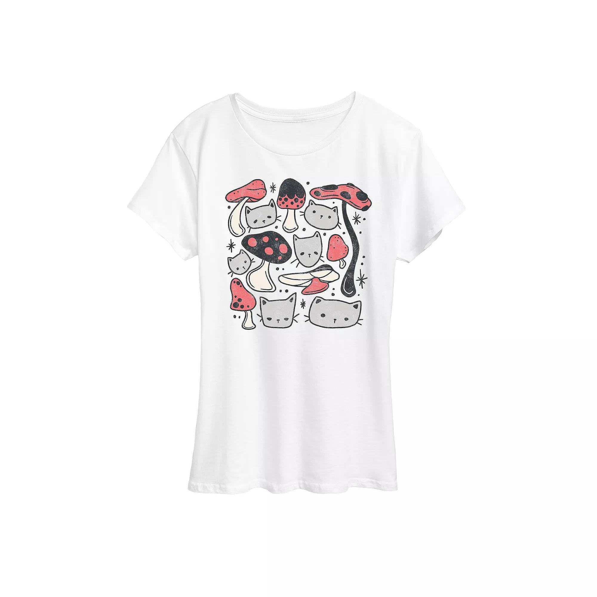 Womens Cat Mushroom Grid Graphic Tee, Girls Product Image
