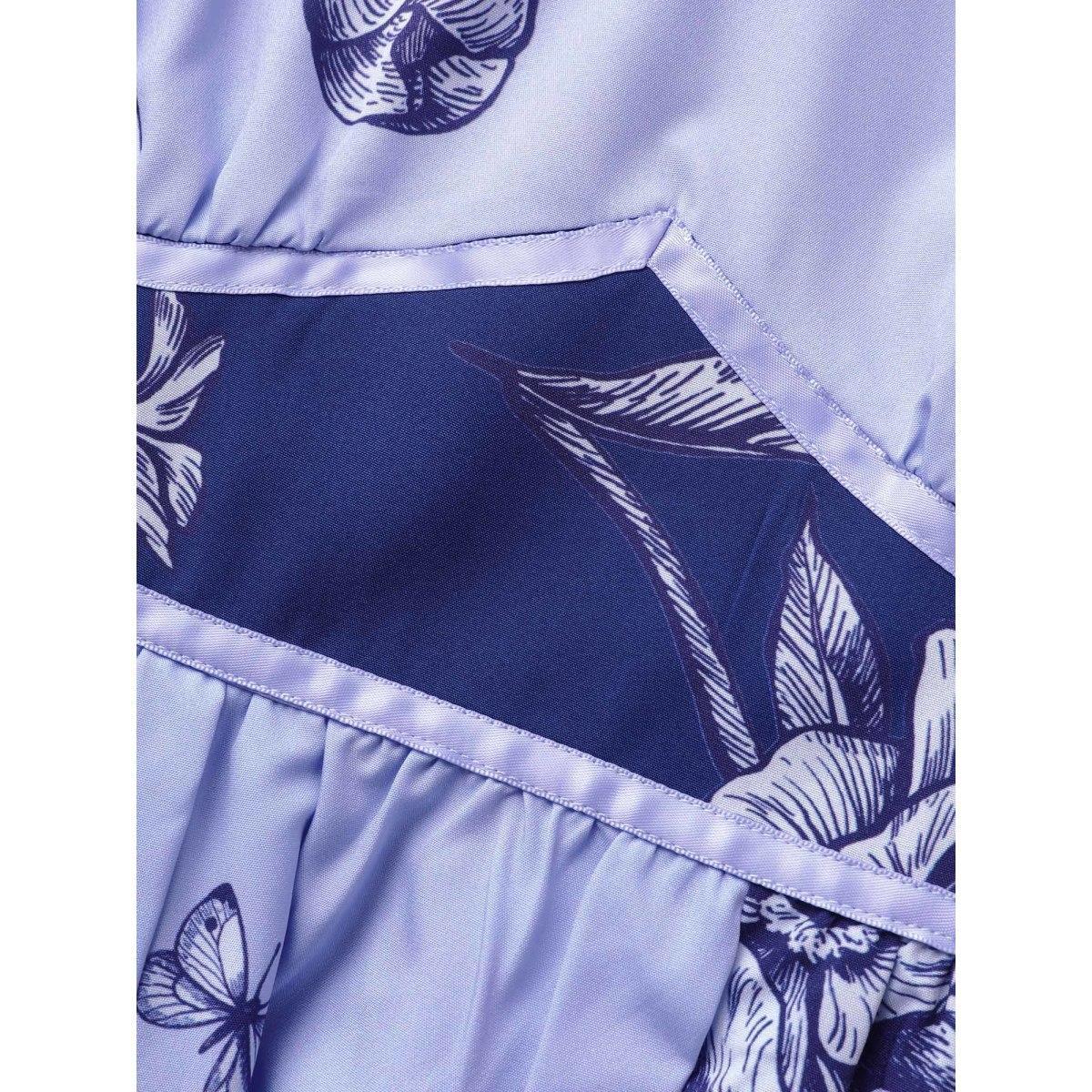 Plus Size Boho Print Heart Neckline Ruffle Sleeve Maxi Dress Mediumblue Women Elegant Woven ribbon&lace trim Square Neck Short sleeve Curvy BloomChic 26/4X Product Image