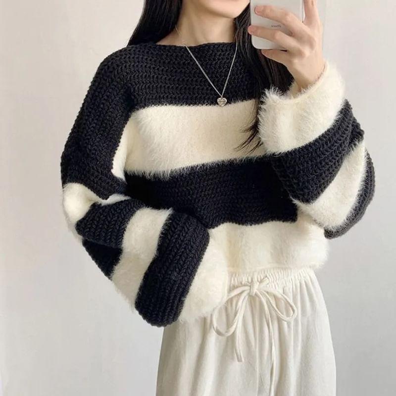 Crewneck Striped Crop Sweater Product Image