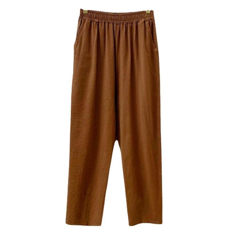 Elastic Waist Plain Cropped Tapered Pants Product Image