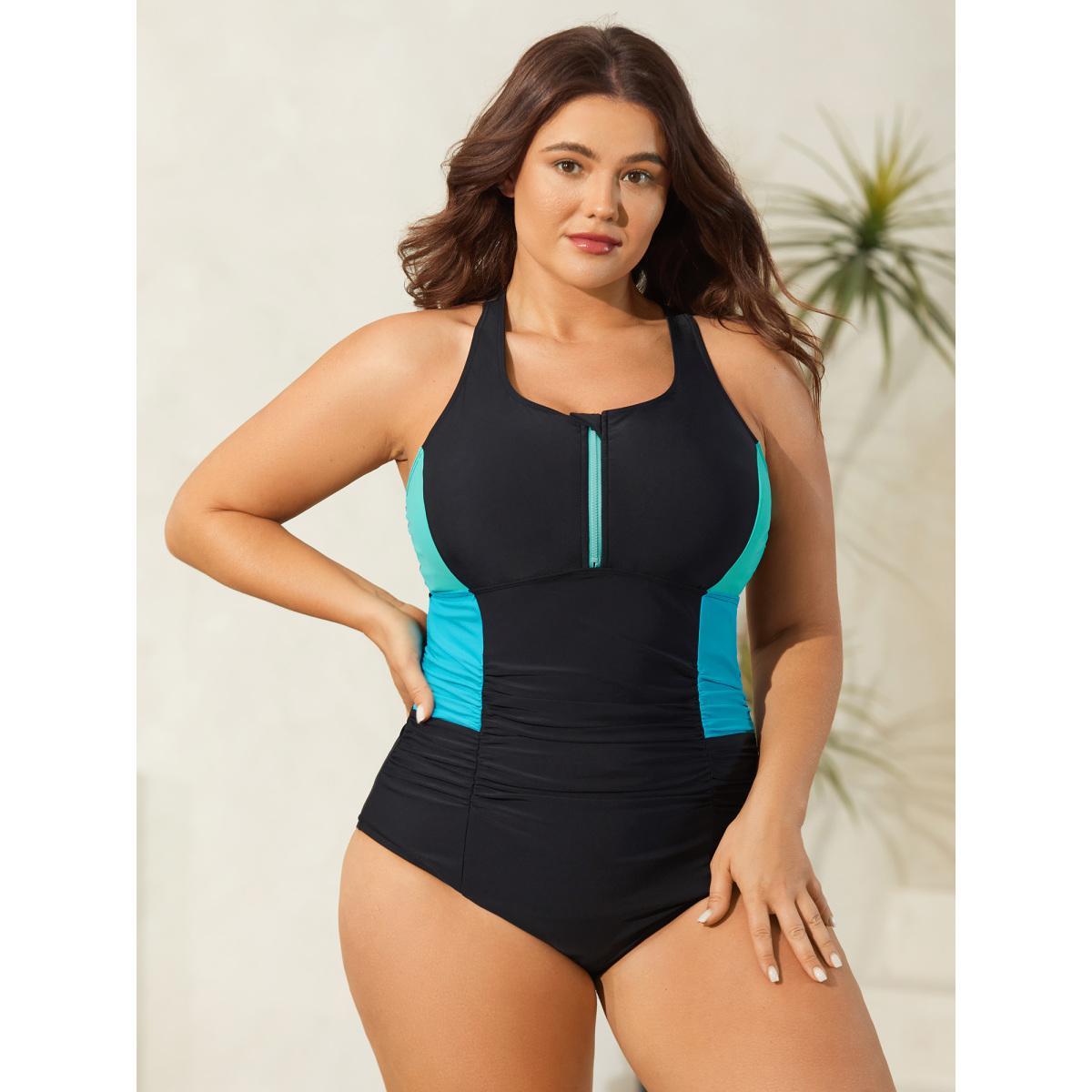 Plus Size Color Block Zipper Front One-Piece Swimsuit Women's Swimwear Black Beach Gathered Curve Bathing Suits High stretch One Pieces BloomChic 10/M Product Image
