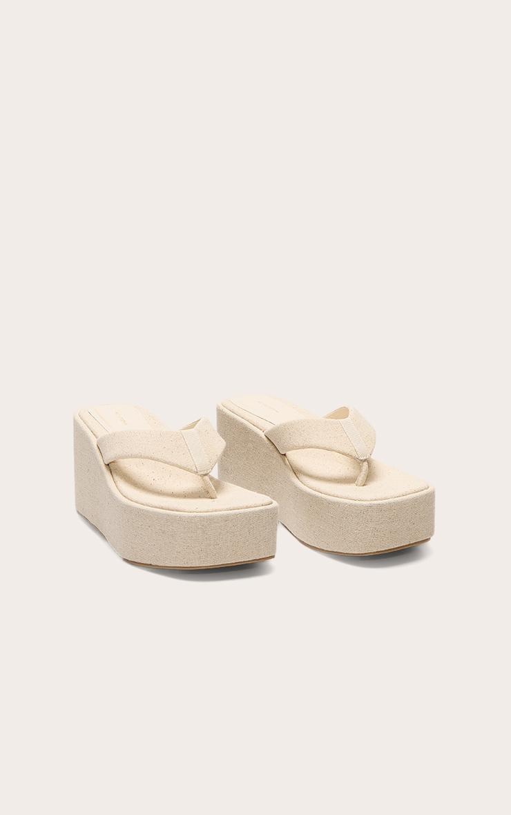 Natural Linen Square Toe Thong Flatform Wedge Sandals Product Image