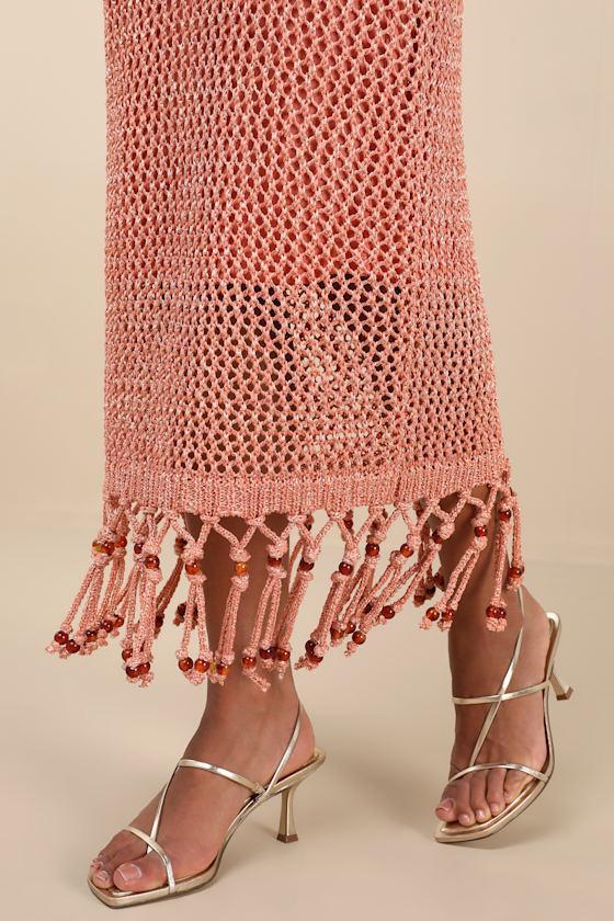 Marama Shiny Coral Crochet Sleeveless Fringe Midi Dress Product Image