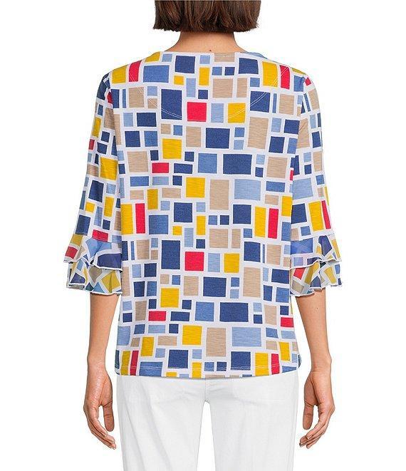 Multiples Slub Knit Georgette Printed Boat Neck 3/4 Sleeve Fitted Ruched Side Drawstring Top Product Image