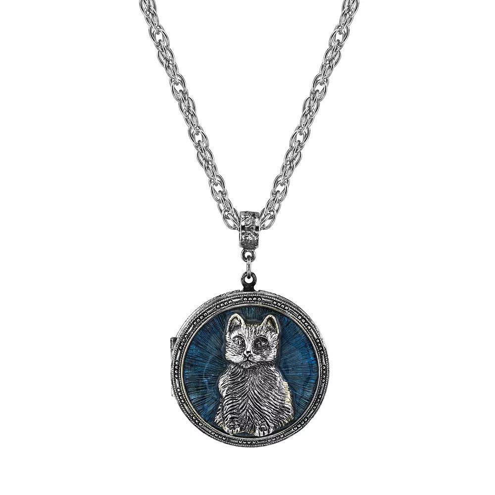 1928 Jewelry Antiqued Pewter Cat Locket Pendant Necklace, Womens, Blue Product Image