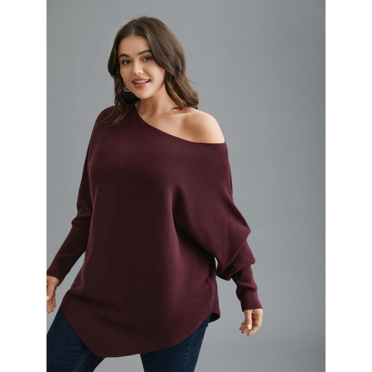 Plus Size Supersoft Essentials Solid Dolman Sleeve Pullover Deepred Women Casual Loose Long Sleeve Boat Neck Everyday Pullovers BloomChic 10/M Product Image
