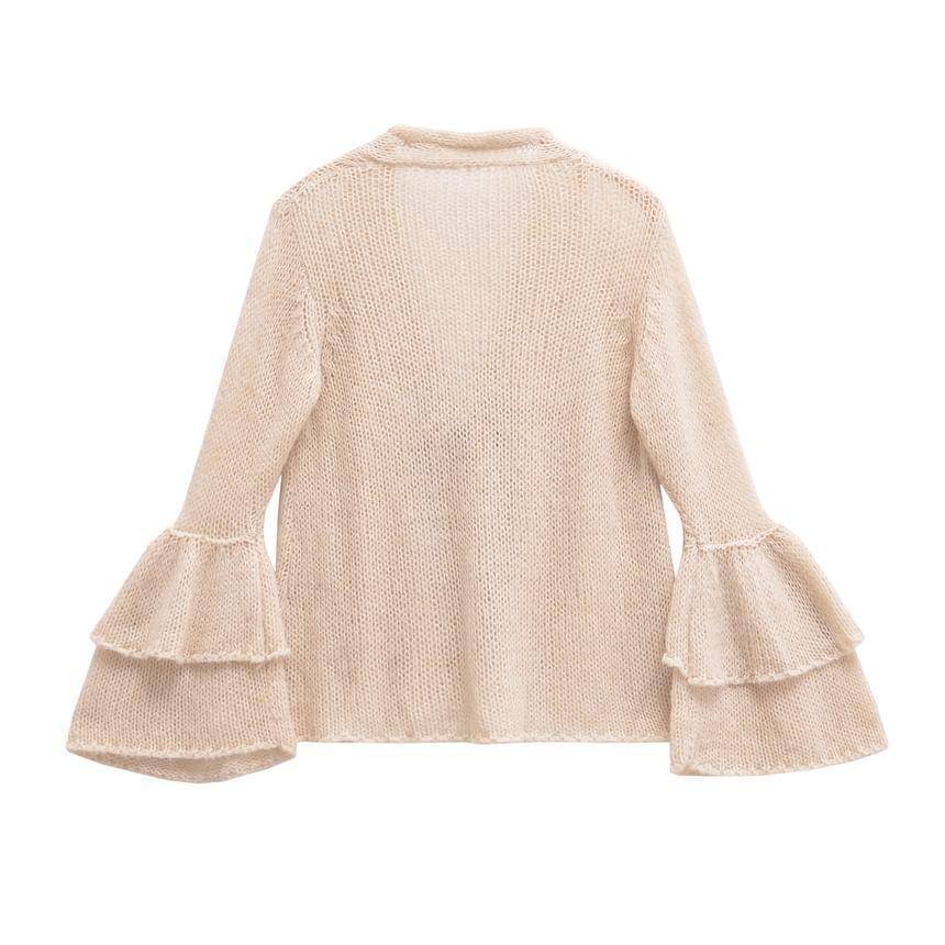 Bell Sleeve V-Neck Plain Tie Front Cardigan Product Image