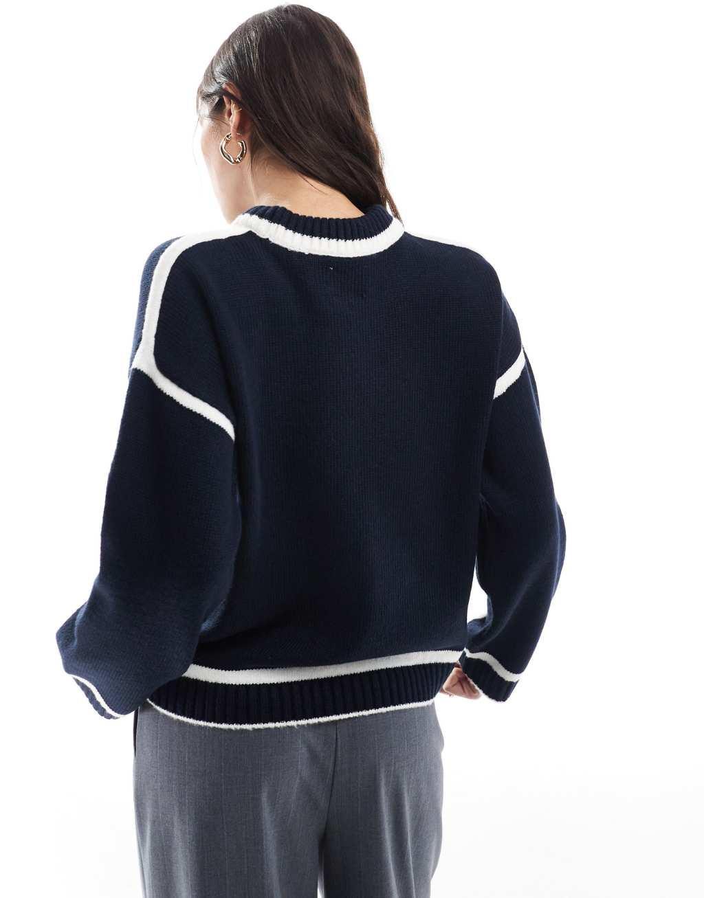 ASOS DESIGN knit sweater with contrast cream seams in navy Product Image