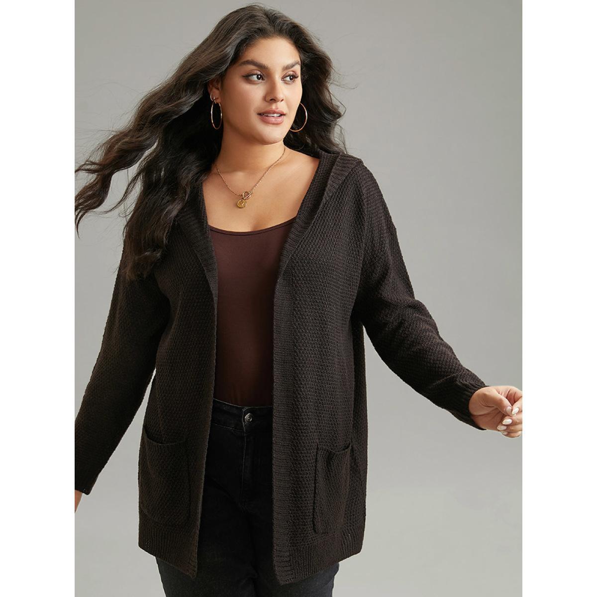 Plus Size Plain Hooded Pocket Open Front Cardigan DarkBrown Women Casual Loose Long Sleeve Dailywear Cardigans BloomChic 14-16/1X Product Image