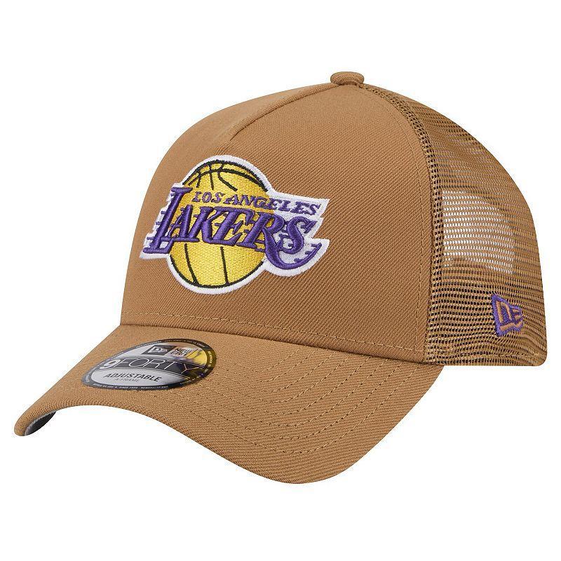 Men's New Era Tan Los Angeles Lakers 9FORTY A-Frame Trucker Adjustable Hat, Team Product Image