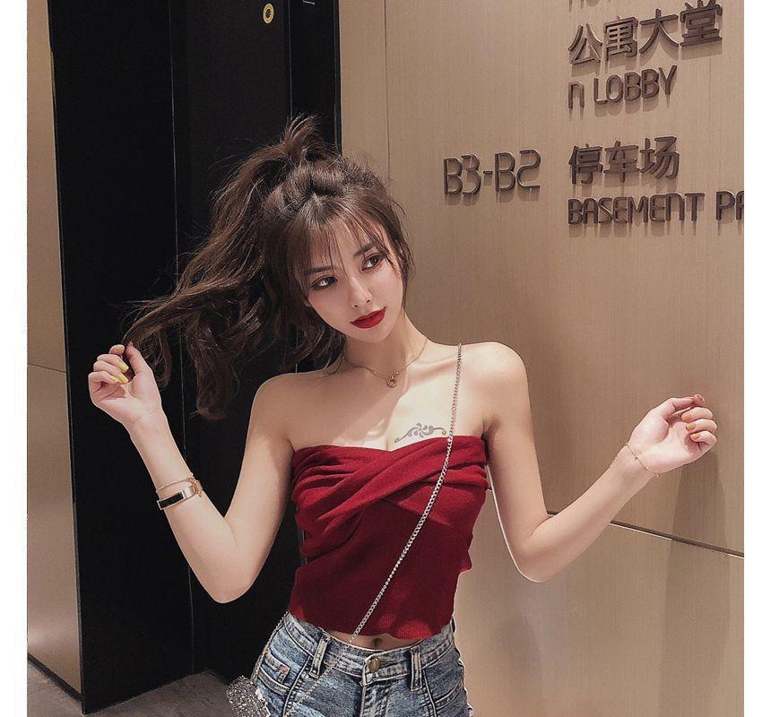 Strapless Plain Crop Knit Top Product Image