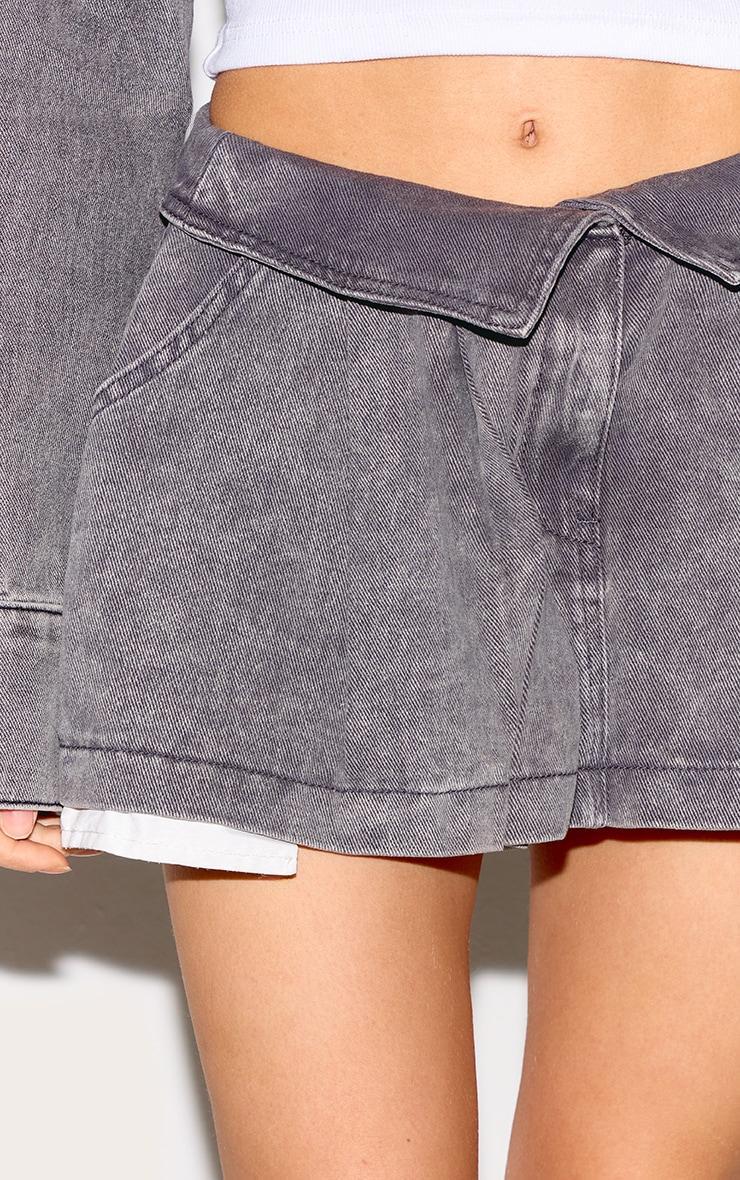 Washed Grey Foldover Waistband Denim Pleated Mini Skirt Product Image