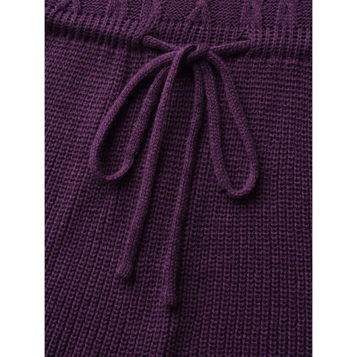 Plus Size V Neck Cable Knit Drawstring Pullover Eggplant Women Casual Long Sleeve V-neck Everyday Pullovers BloomChic 10/M Product Image