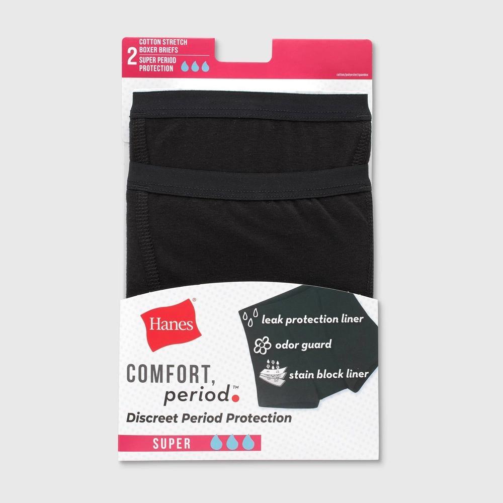 Hanes Women's 2pk Comfort Period Boxer Briefs, Super Leaks - Black 6: Moisture Wicking, High Rise, Absorbent Panel Product Image