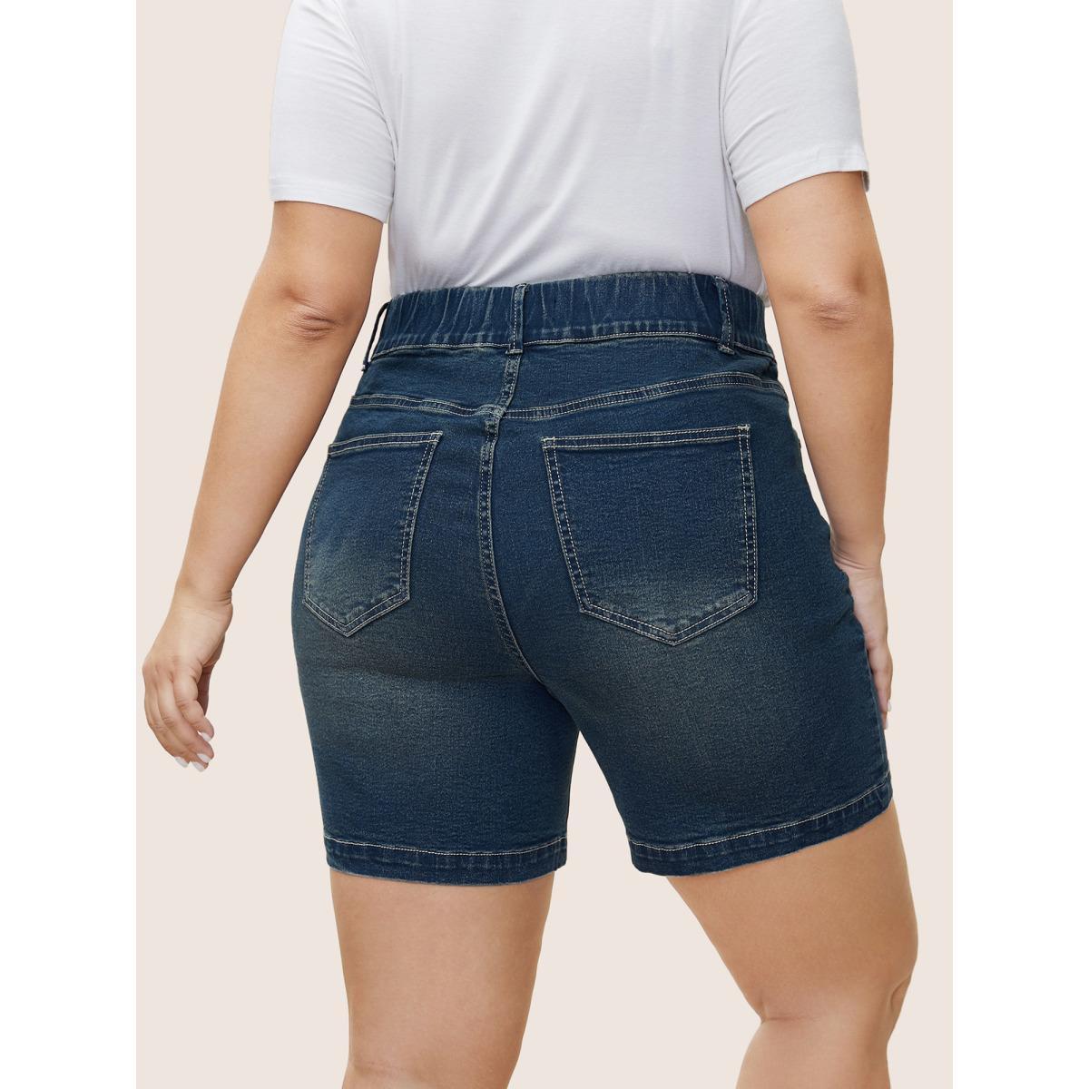 Plus Size Straight Leg Pocket Elastic Waist Denim Shorts Women Aegean Non High stretch Everyday Slanted pocket Casual Denim Shorts BloomChic 18/2X Product Image
