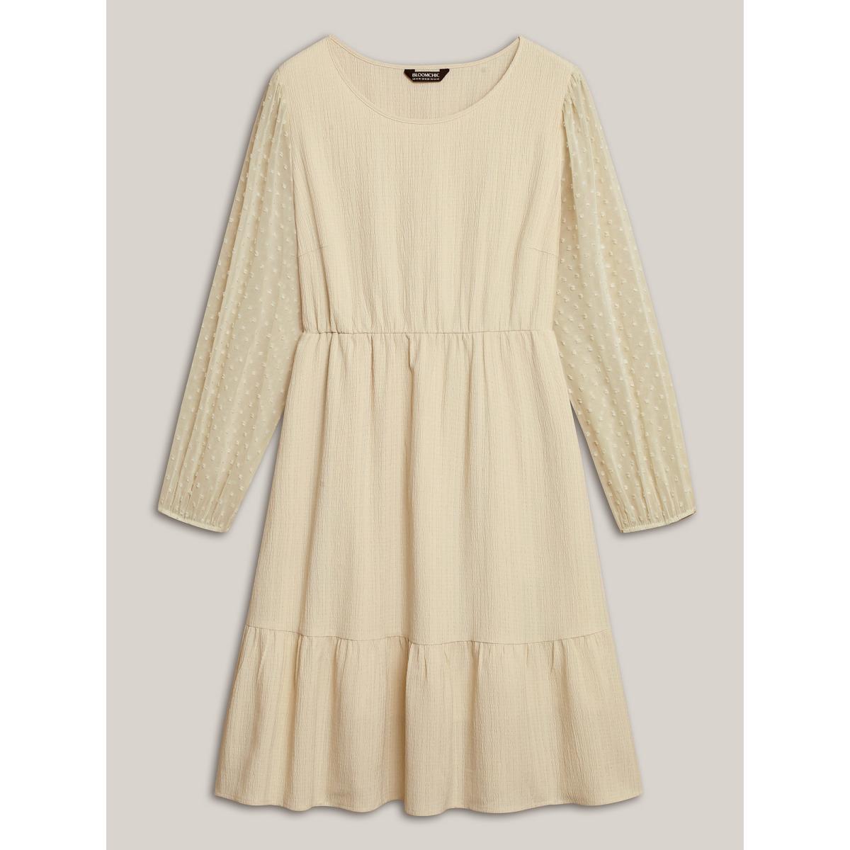 Plus Size Textured Stretchy-Waist Tiered Midi Dress Beige Women Elegant Texture Round Neck Long Sleeve Curvy BloomChic 22-24/3X Product Image