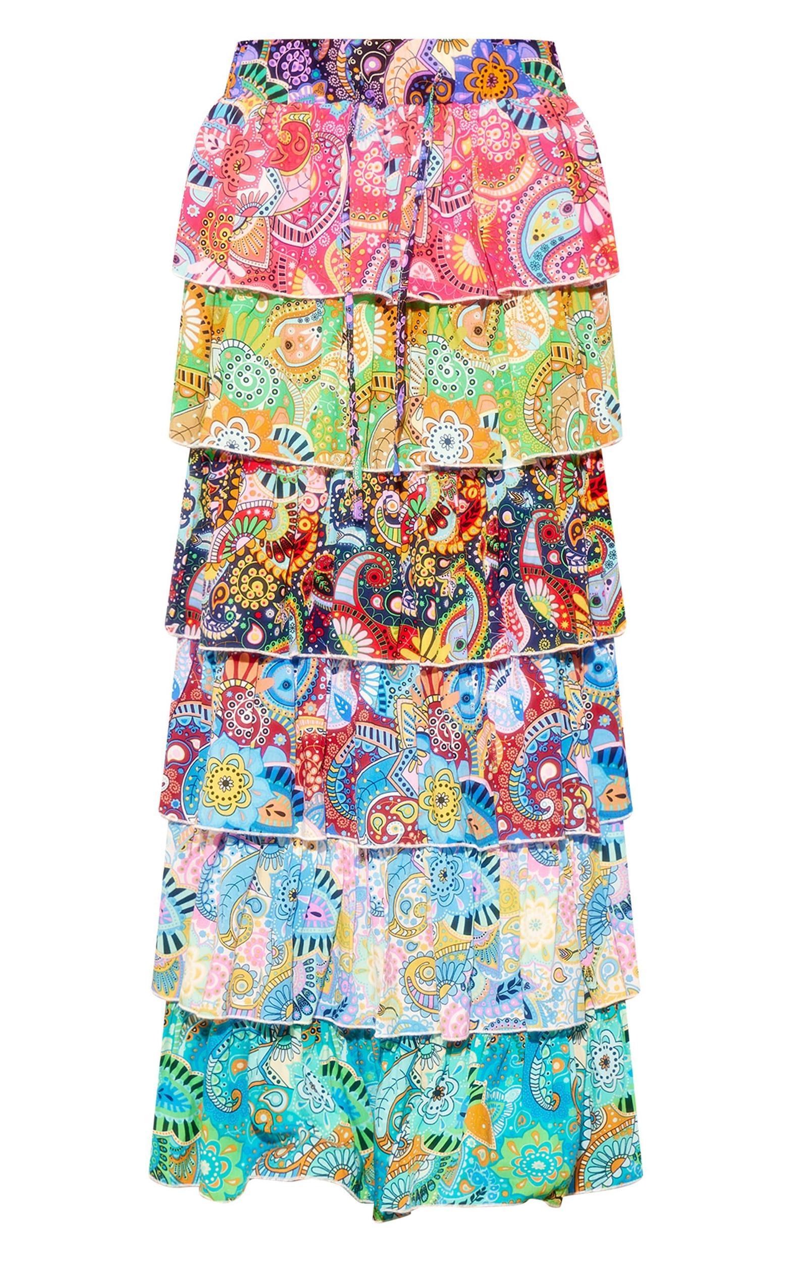 Multi Patchwork Printed Tiered Maxi Skirt Product Image