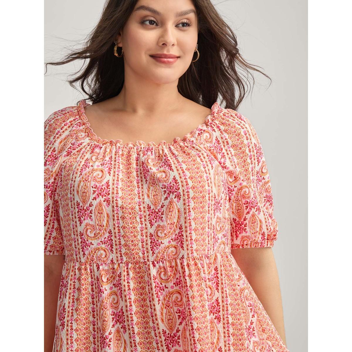 Plus Size WhiteSmoke Stripe Paisley Print Ruffled Neck Blouse Women Short sleeve Square Neck Everyday-Elegant Blouses BloomChic 22-24/3X Product Image